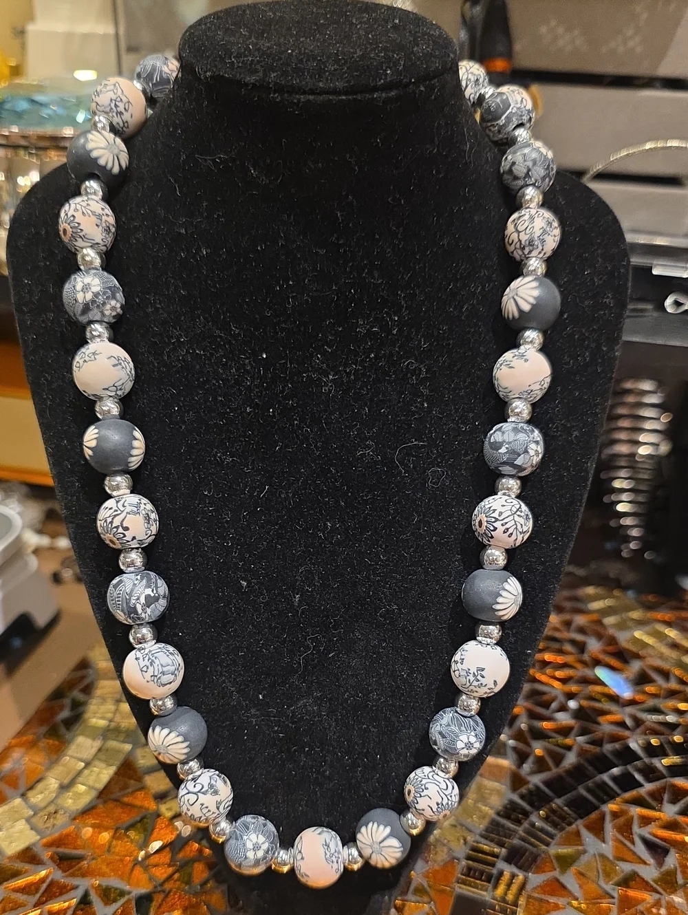 Vintage Blue and White Floral Bead Necklace - Women Jewelry